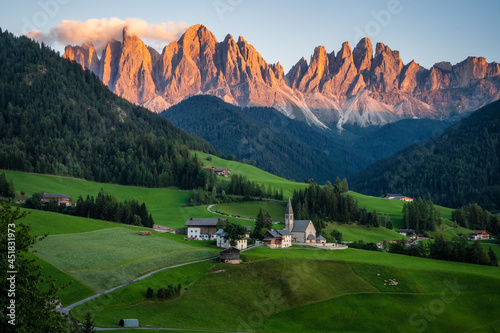 Photography St Magdalena church in Val di Funes valley, Dolomites, Italy