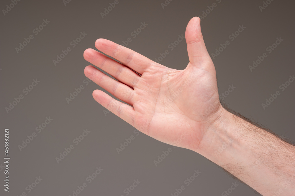 Caucasian male hand open palm generic gesture, isolated on brown background. Studio shot Caucasian male hand open palm generic gesture, isolated on brown background. Studio shot