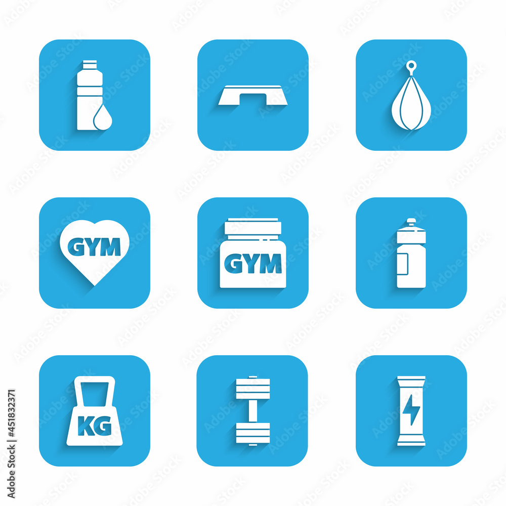 Set Sports nutrition, Dumbbell, Fitness shaker, Weight, gym heart, Punching bag and icon. Vector