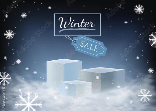 Premium podium with empty space for product show snow and clouds in winter season, Mockup for products exhibitions, presentation. Blue background