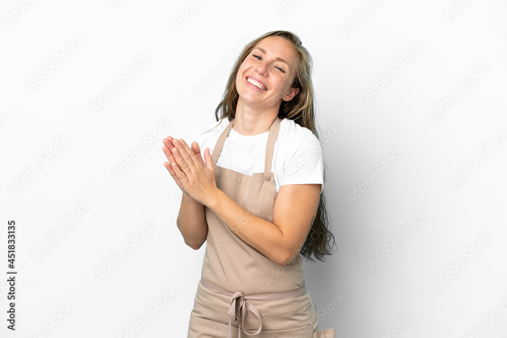 Restaurant waiter caucasian woman isolated on white background applauding after presentation in a conference Restaurant waiter caucasian woman isolated on white background applauding after presentation in a conference