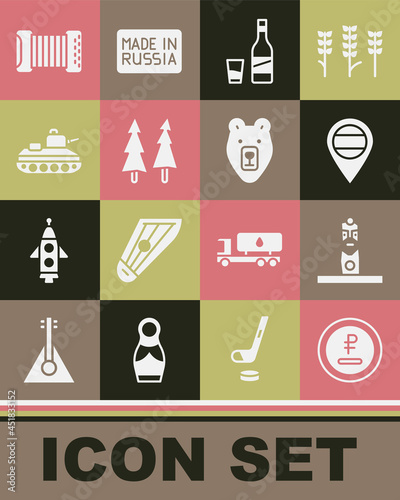 Set Rouble, ruble currency, Slavic pagan idol, Location Russia, Bottle of vodka with glass, Christmas tree, Military tank, Accordion and Bear head icon. Vector