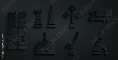 Set Ice hockey stick and puck, Tanker truck, King crown, The Tsar bell, Christian cross and Chess icon. Vector