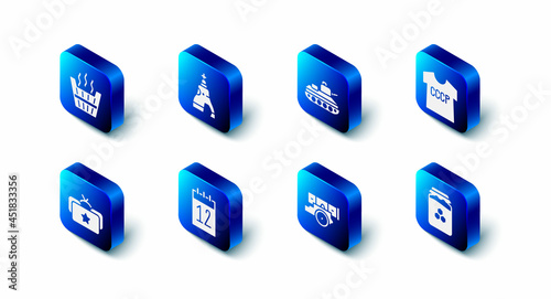 Set The Tsar bell, Military tank, USSR t-shirt, Jar of honey, Cannon, Calendar 12 june, Ushanka and Sauna bucket icon. Vector