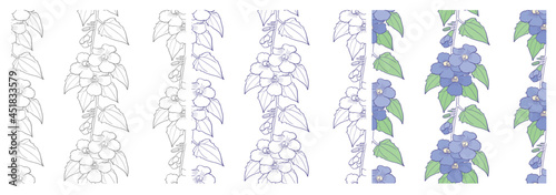 Three Bignonia Seamless Patterns: gray outline pattern, blue outline pattern, and full color pattern.  © Wanelen Creative