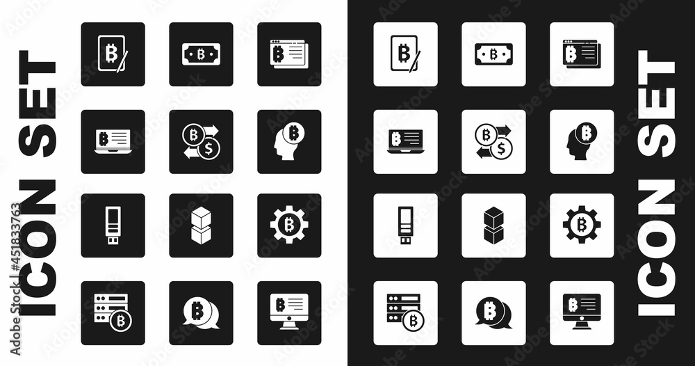Set Bitcoin in browser, Cryptocurrency exchange, Mining bitcoin from laptop, tablet, think, and USB flash drive icon. Vector Set Bitcoin in browser, Cryptocurrency exchange, Mining bitcoin from laptop, tablet, think, and USB flash drive icon. Vector