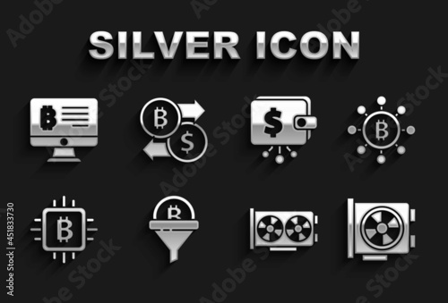 Set Sales funnel with bitcoin, Blockchain technology Bitcoin, Video graphic card, CPU mining farm, Cryptocurrency wallet, Mining from monitor and exchange icon. Vector