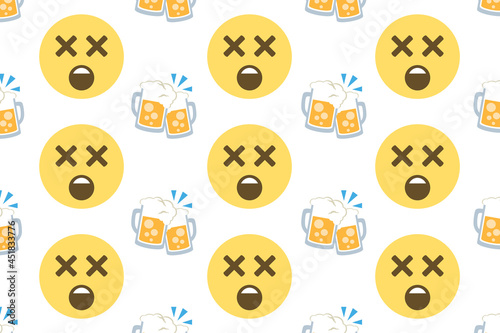 dizzy face with clinking beer mugs,emoji pattern on white background,party,drunk,alcohol,vector illustration