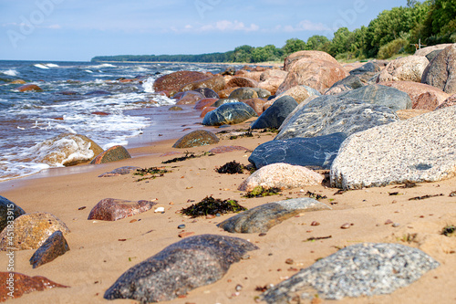 There are many big stones on the coast. Beach in Latvia, Tuya.