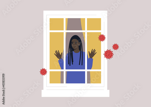 A young female Black character staying at home because of the coronavirus lockdown, a quarantine concept