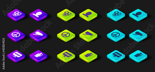 Set Protest, Hand grenade, Peace, Security camera, Vandal and Gas mask icon. Vector