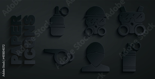 Set Vandal, Gas mask, Whistle, Hand grenade, and icon. Vector