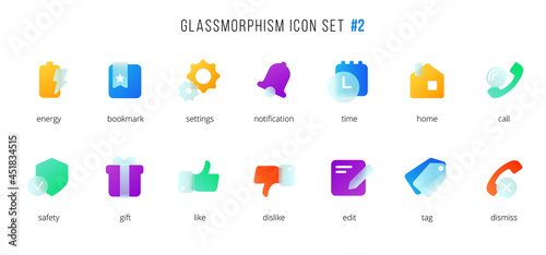 A set of vector icons of the modern trend in the style of glassmorphism with gradient, blur and transparency. The collection includes 14 icons of different colors in a single style. part 2