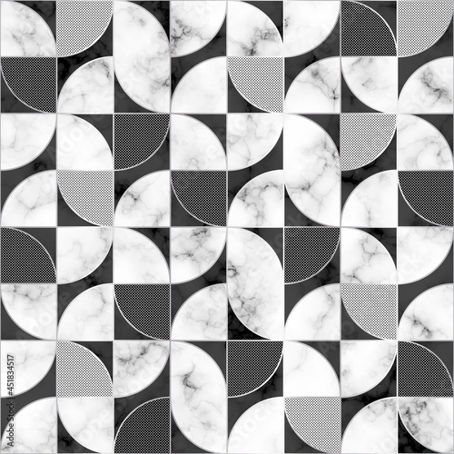 Marble seamless pattern. Repeating white and black marble texture. Geometry floor. Mosaic background for design home print. Repeated elegant geometric pattern. View above laminate. Top tile. Vector