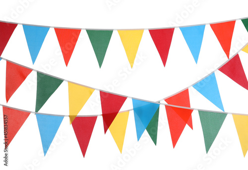 Buntings with colorful triangular flags on white background. Festive decor