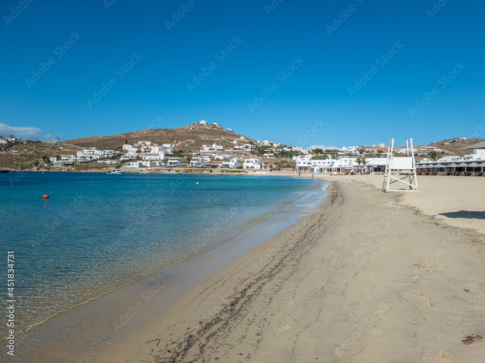 Ornos empty sandy beach Mykonos island, Cyclades Greece.