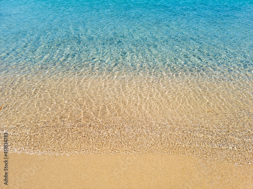 Ornos empty sandy beach Mykonos island, Cyclades Greece.