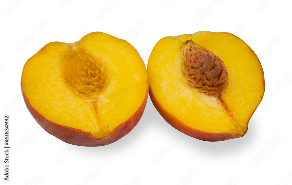 Whole peach and sliced isolated on a white background.Bright, fresh fruits on a white background.Use for labels, posters and web design. Whole peach and sliced isolated on a white background.Bright, fresh fruits on a white background.Use for labels, posters and web design.
