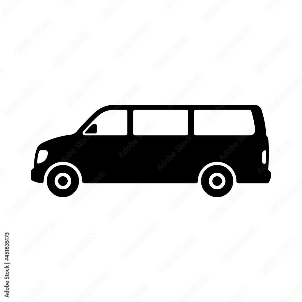 Minibus icon. Passenger van. Black silhouette. Side view. Vector simple flat graphic illustration. The isolated object on a white background. Isolate.