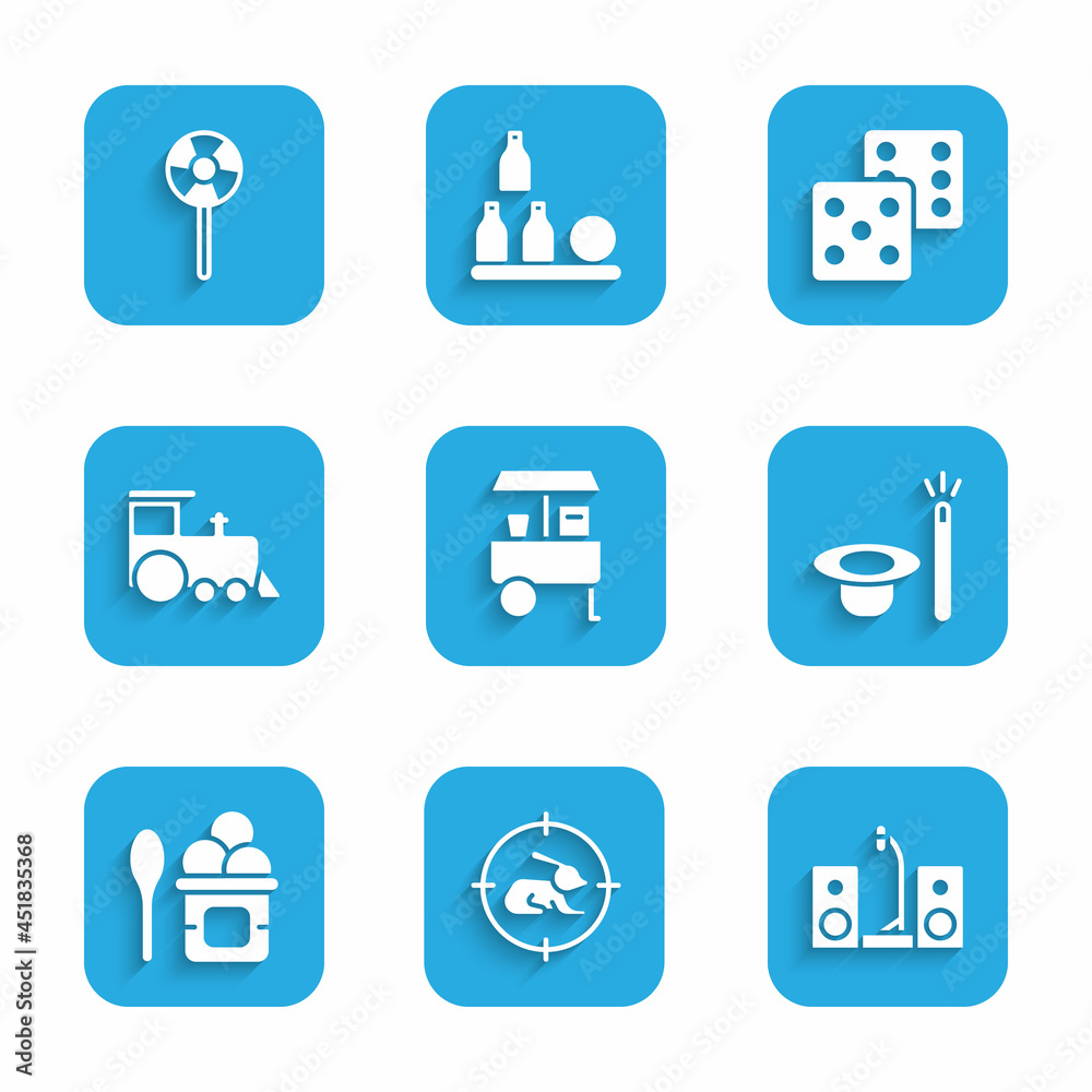 Set Fast street food cart, Hunt on rabbit with crosshairs, Home stereo two speakers, Magic hat and wand, Ice cream in bowl, Toy train, Game dice and Lollipop icon. Vector Set Fast street food cart, Hunt on rabbit with crosshairs, Home stereo two speakers, Magic hat and wand, Ice cream in bowl, Toy train, Game dice and Lollipop icon. Vector