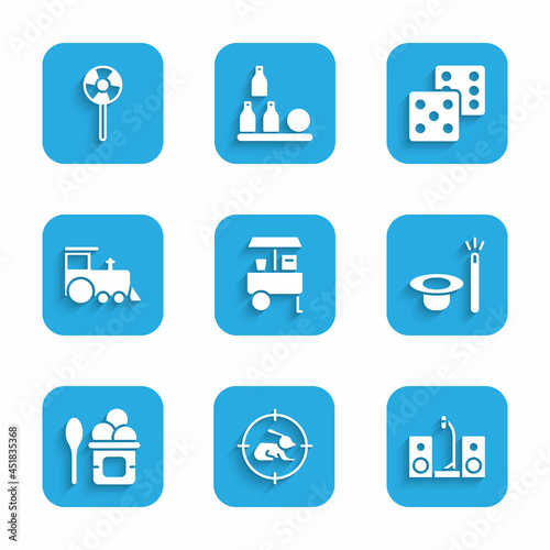Set Fast street food cart, Hunt on rabbit with crosshairs, Home stereo two speakers, Magic hat and wand, Ice cream in bowl, Toy train, Game dice and Lollipop icon. Vector