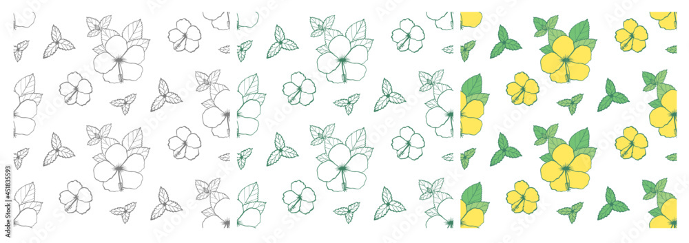 Three Hibiscus Seamless Patterns: gray outline pattern, green outline pattern, and full color pattern. 