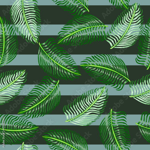 Random green fern leaves ornament seamless doodle pattern in simple tropic style. Striped background.