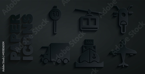 Set Cargo ship, Scooter, Delivery cargo truck, Plane, Cable and Speed limit traffic icon. Vector