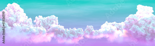 Schilderij op canvas pink and green panoramic cumulus clouds backdrop , conceptual nature 3D renderin