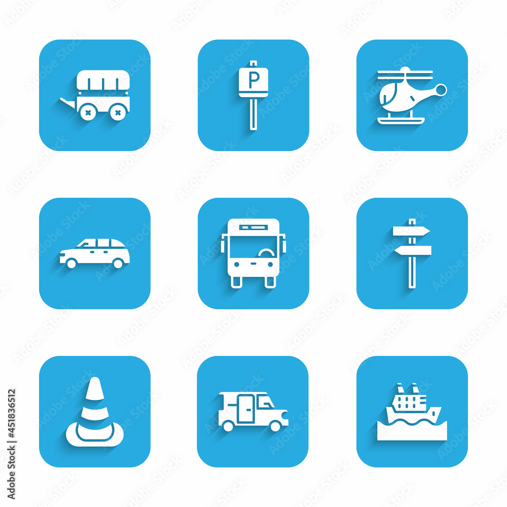Set Bus, Minibus, Cruise ship, Road traffic signpost, Traffic cone, Hatchback car, Helicopter and Wild west covered wagon icon. Vector Set Bus, Minibus, Cruise ship, Road traffic signpost, Traffic cone, Hatchback car, Helicopter and Wild west covered wagon icon. Vector