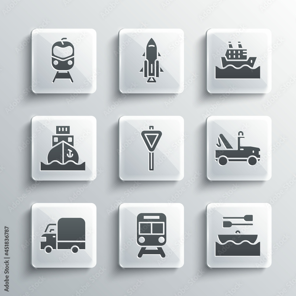 Set Train and railway, Boat with oars, Tow truck, Road traffic signpost, Delivery cargo, Cargo ship, and Cruise icon. Vector