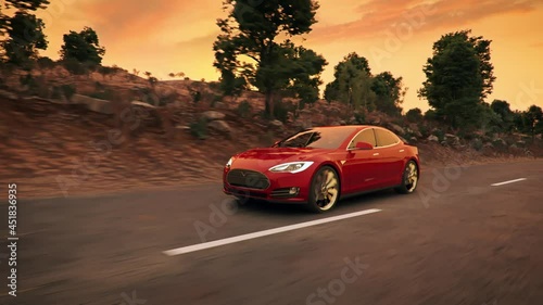 A realistic 3d looping animation of a red super-car in sunset photo