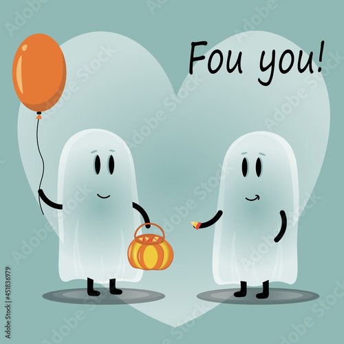 An illustration with cute ghosts for the Halloween holiday. Ghosts with sweets and the text: "For you!". A vector image.