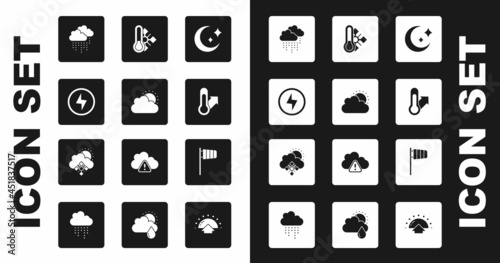 Set Moon and stars, Sun cloud weather, Lightning bolt, Cloud with rain, Meteorology thermometer, Cone windsock wind vane and snow sun icon. Vector