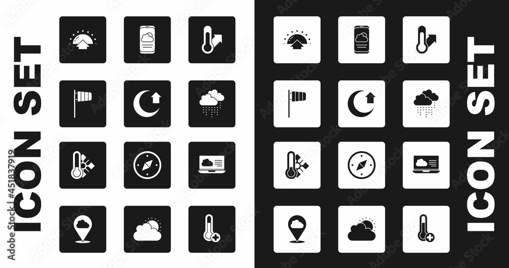 Set Meteorology thermometer, Moon, Cone windsock wind vane, Sunrise, Cloud with rain, Weather forecast, and icon. Vector Set Meteorology thermometer, Moon, Cone windsock wind vane, Sunrise, Cloud with rain, Weather forecast, and icon. Vector