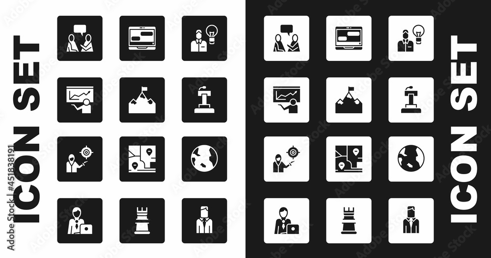 Set Human with lamp bulb, Mountains flag, Training, presentation, Two sitting men talking, Stage stand or tribune, Chat messages laptop, Earth globe and Marketing target strategy icon. Vector Set Human with lamp bulb, Mountains flag, Training, presentation, Two sitting men talking, Stage stand or tribune, Chat messages laptop, Earth globe and Marketing target strategy icon. Vector