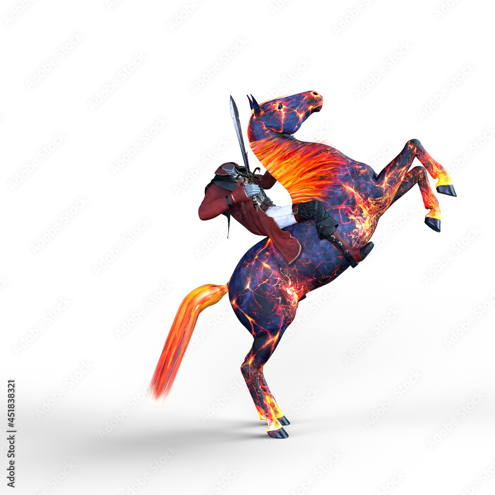 3D rendering of a demon headless horseman holding a sword on a ghostly burning horse isolated on a white background. - obrazy, fototapety, plakaty 