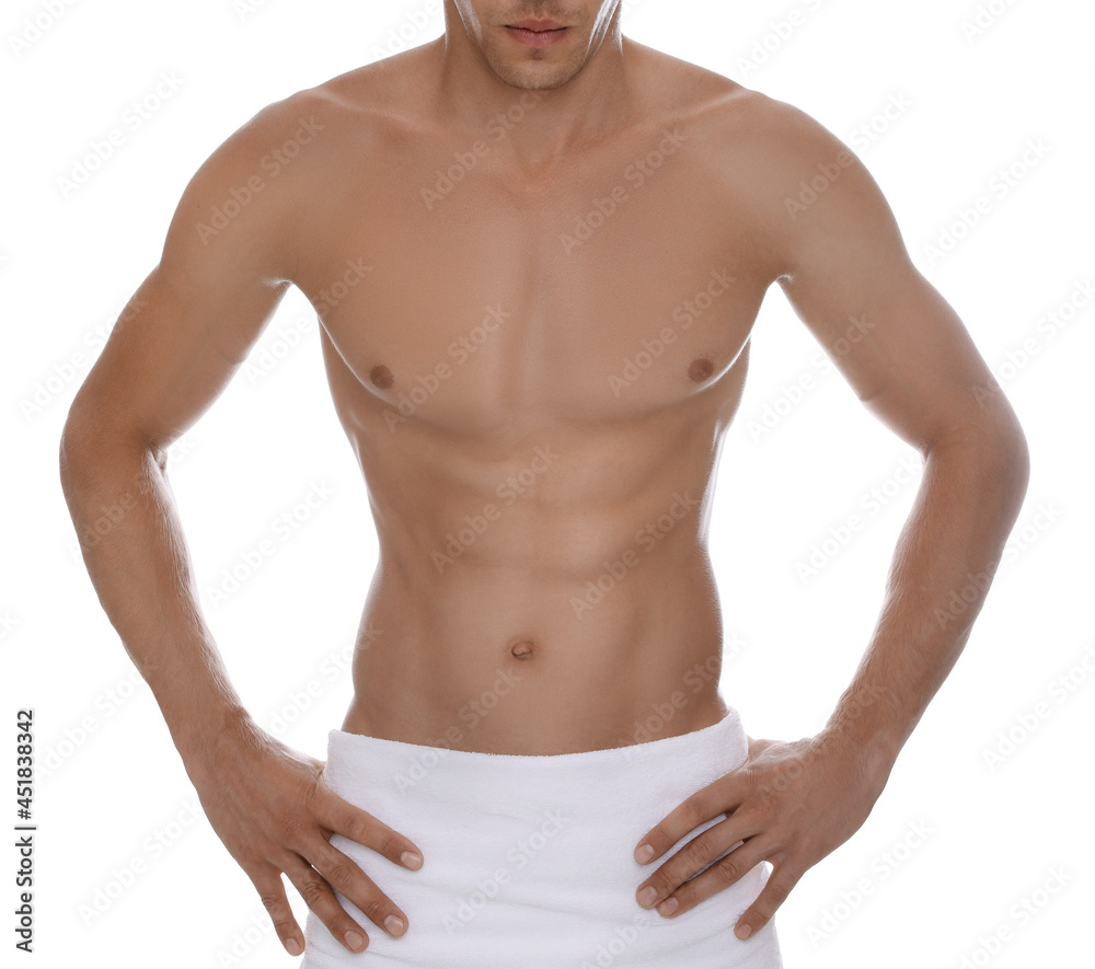 Fototapeta premium Shirtless man with slim body and towel wrapped around his hips isolated on white, closeup