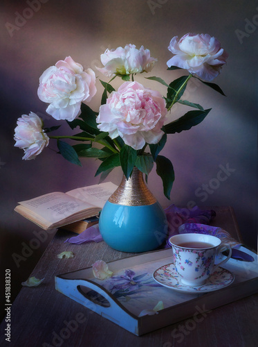 still life with tea and peonies