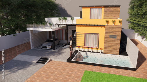 3d rendering of modern cozy house with parking and pool for sale or rent with wood plank facade and beautiful landscaping on background. © Abdul
