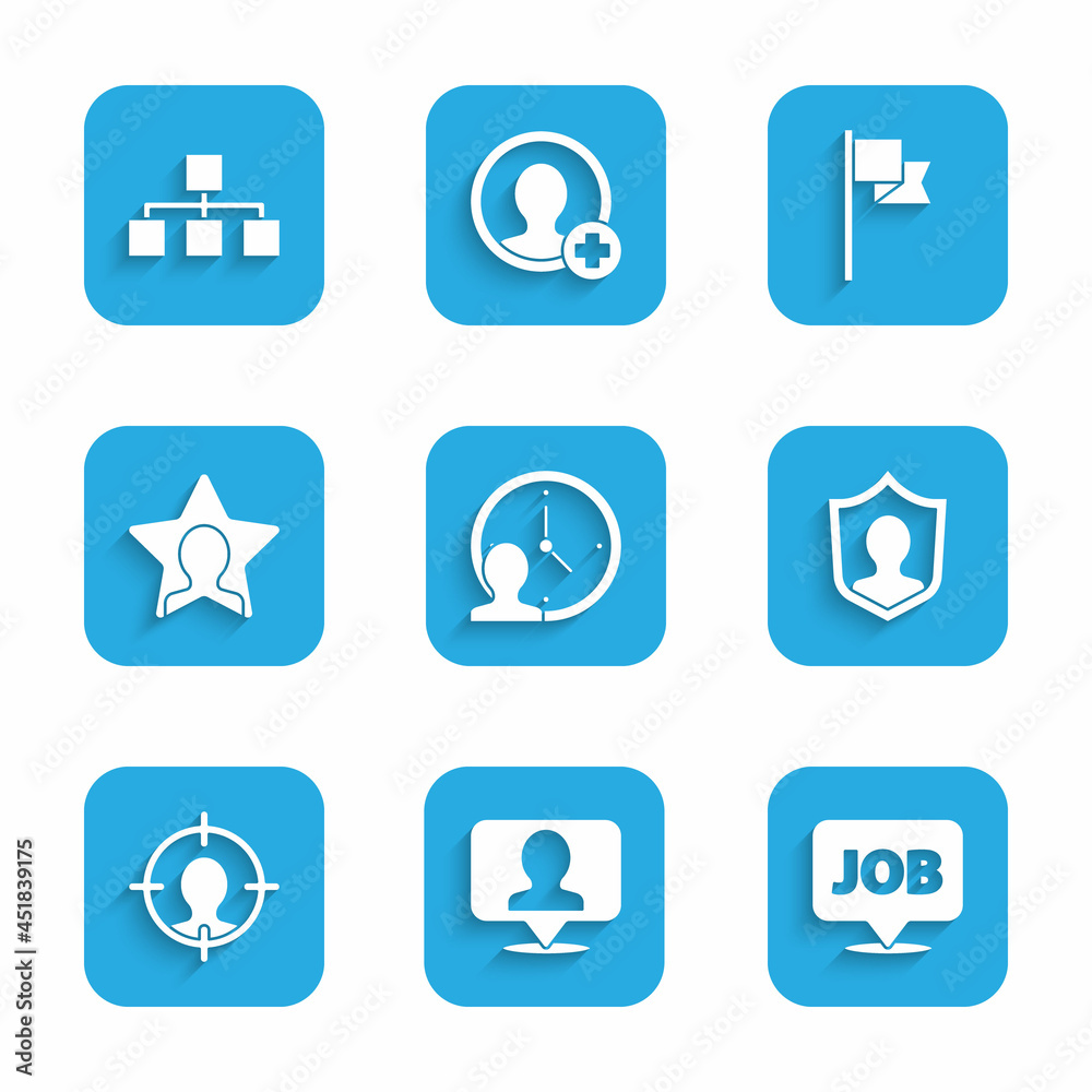 Set Time Management, Location with person, Speech bubble job, User protection, Head hunting, marker and Hierarchy organogram chart icon. Vector Set Time Management, Location with person, Speech bubble job, User protection, Head hunting, marker and Hierarchy organogram chart icon. Vector