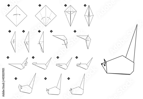 How to make origami rat. Step by step paper mouse black and white DIY instructions. Outline monochrome vector illustration.