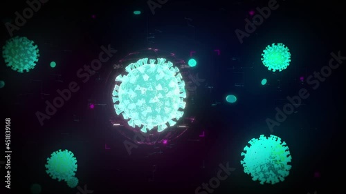 Coronavirus Disease Writing Materialises In Digital World With Numerous Cells In Background. Disease Cell Spreading Information Screen Health Care Graphic Background. Pandemic Disease Cells Background photo