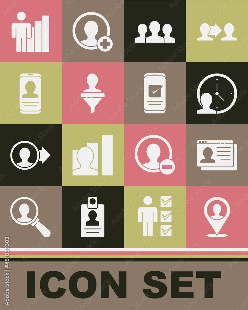 Set Location with person, Resume, Time Management, Users group, Head hunting, Mobile resume, Productive human and Smartphone icon. Vector