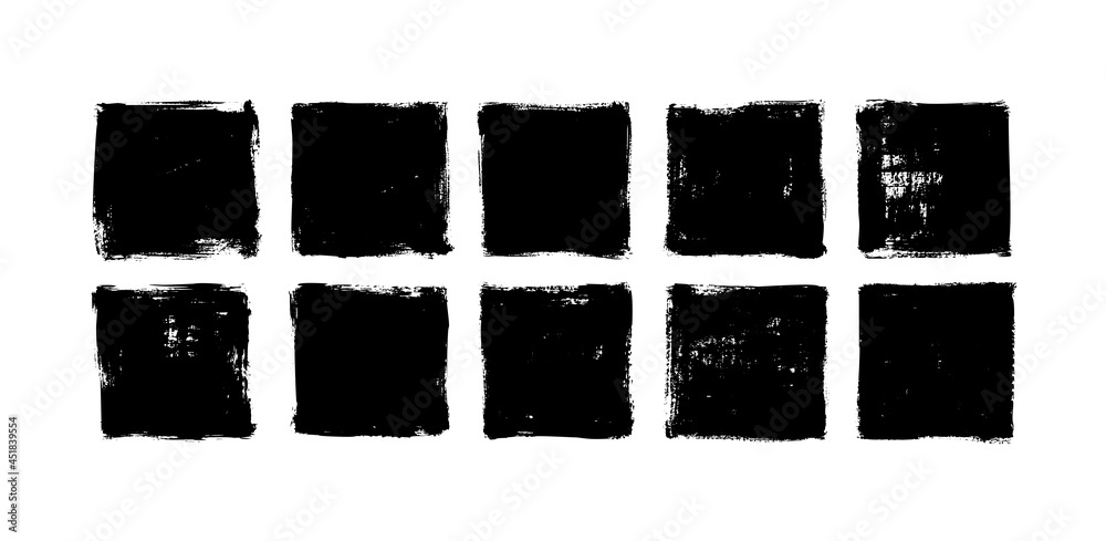 Black vector square box collection. Black painted square or rectangular shapes isolated on white background. Set of grunge template backgrounds. Hand drawn shape with rough edges - obrazy, fototapety, plakaty 