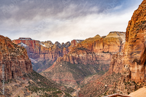 View of Zion National Park from atop an overlook.