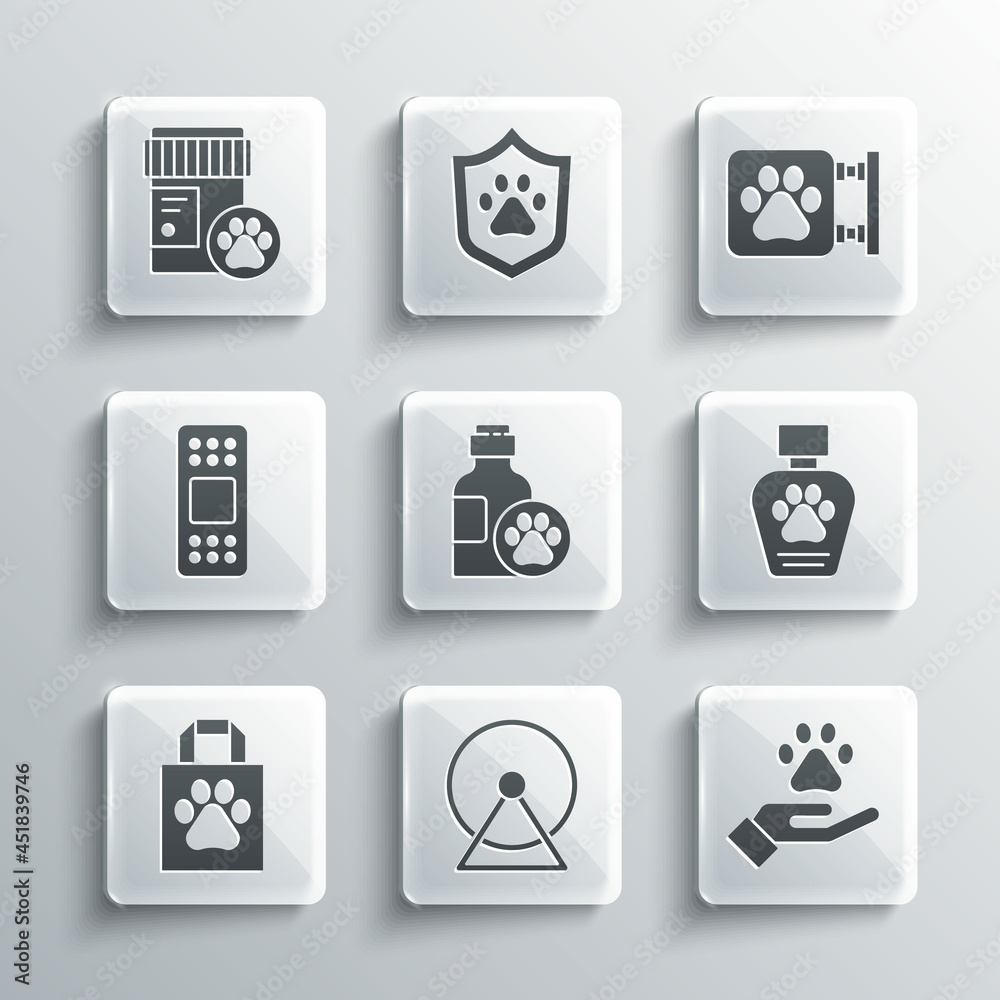 Set Hamster wheel, Hands with animals footprint, Pet shampoo, Shopping bag pet, Bandage plaster, Dog medicine bottle and Veterinary clinic icon. Vector Set Hamster wheel, Hands with animals footprint, Pet shampoo, Shopping bag pet, Bandage plaster, Dog medicine bottle and Veterinary clinic icon. Vector
