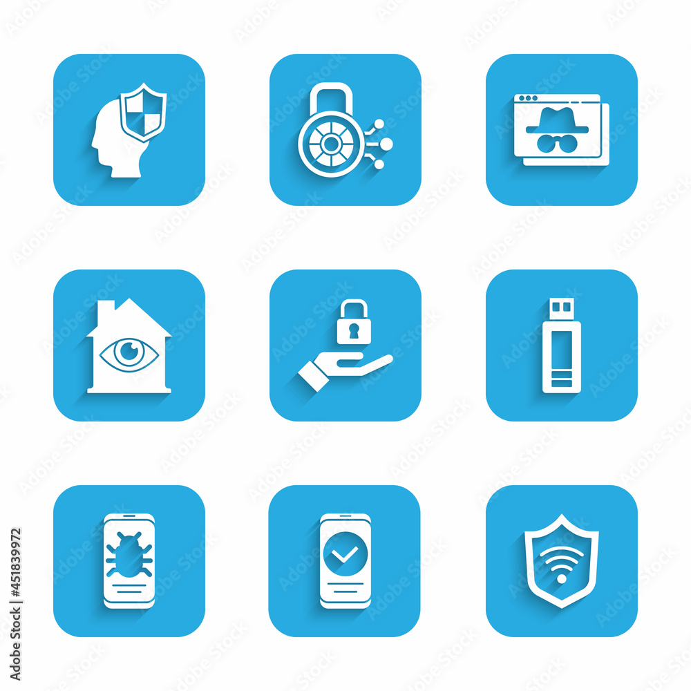 Set Lock in hand, Smartphone, Shield with WiFi wireless, USB flash drive, System bug mobile, House eye scan, Browser incognito window and Head shield icon. Vector Set Lock in hand, Smartphone, Shield with WiFi wireless, USB flash drive, System bug mobile, House eye scan, Browser incognito window and Head shield icon. Vector