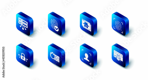 Set Fingerprint, Browser incognito window, System bug credit card, Face recognition, Firewall, security wall, Cyber and Server, Data, Web Hosting icon. Vector