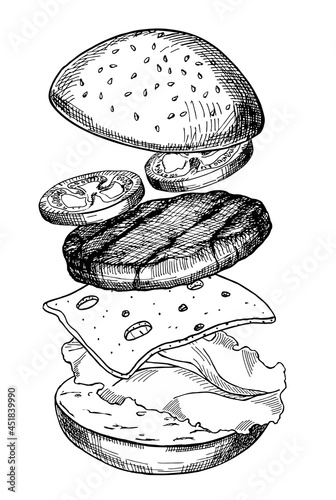 Big burger, hamburger hand drawn vector illustration realistic sketch. Hamburger ingredients with meat, cheese, tomato, salad and buns. Classic burger isolated. Big burger with ingredients.